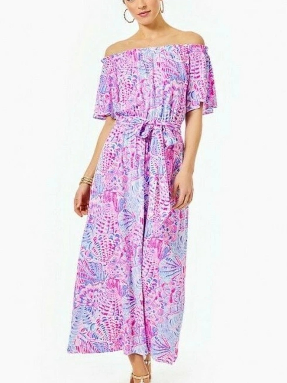 Lilly Pulitzer Off-Shoulder Moriah Floral Midi Dress, size medium